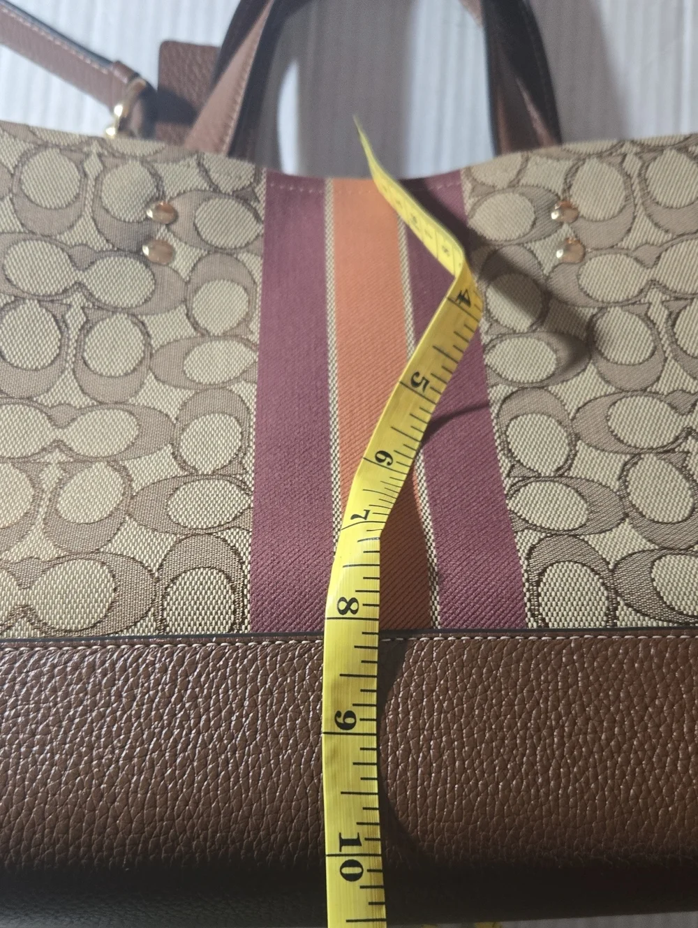 Coach  Dempsey Brown Signature Canvas Satchel with Burgundy and Tan Stripe